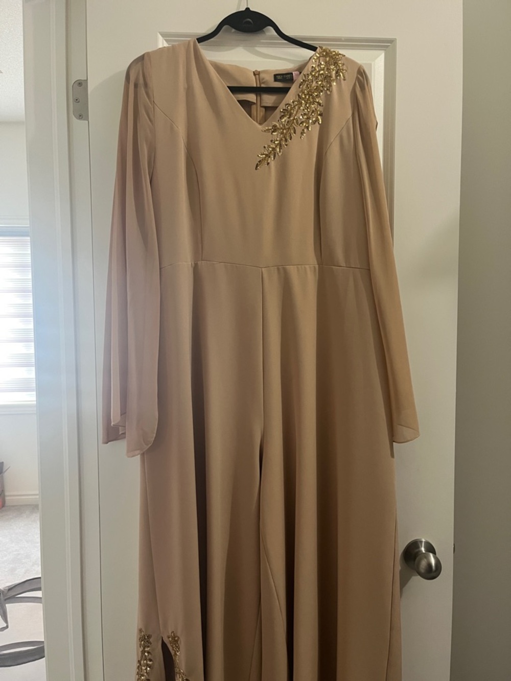 Embroidered V-Neck Beige Jumpsuit
